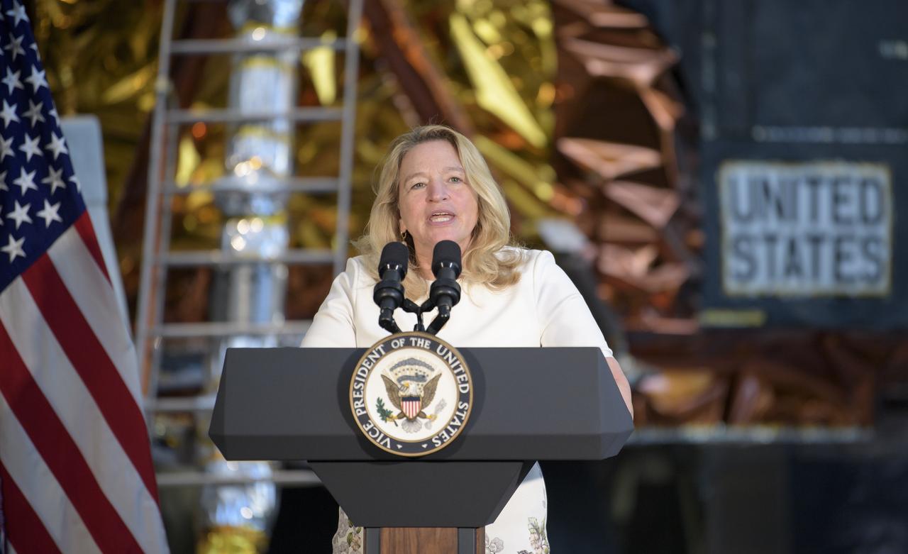 John and Adrienne Mars Director of the National Air and Space Museum Ellen Stofan gives remarks during an event were Neil Armstrong's Apollo 11 spacesuit was unveiled for the first time in 13 years, Tuesday, July 16, 2019 at the Smithsonian's National Air and Space Museum in Washington. The unveiling of the crowd funded spacesuit conservation marks the 50th anniversary of the launch of the Apollo 11 mission.Photo Credit: (NASA/Bill Ingalls)