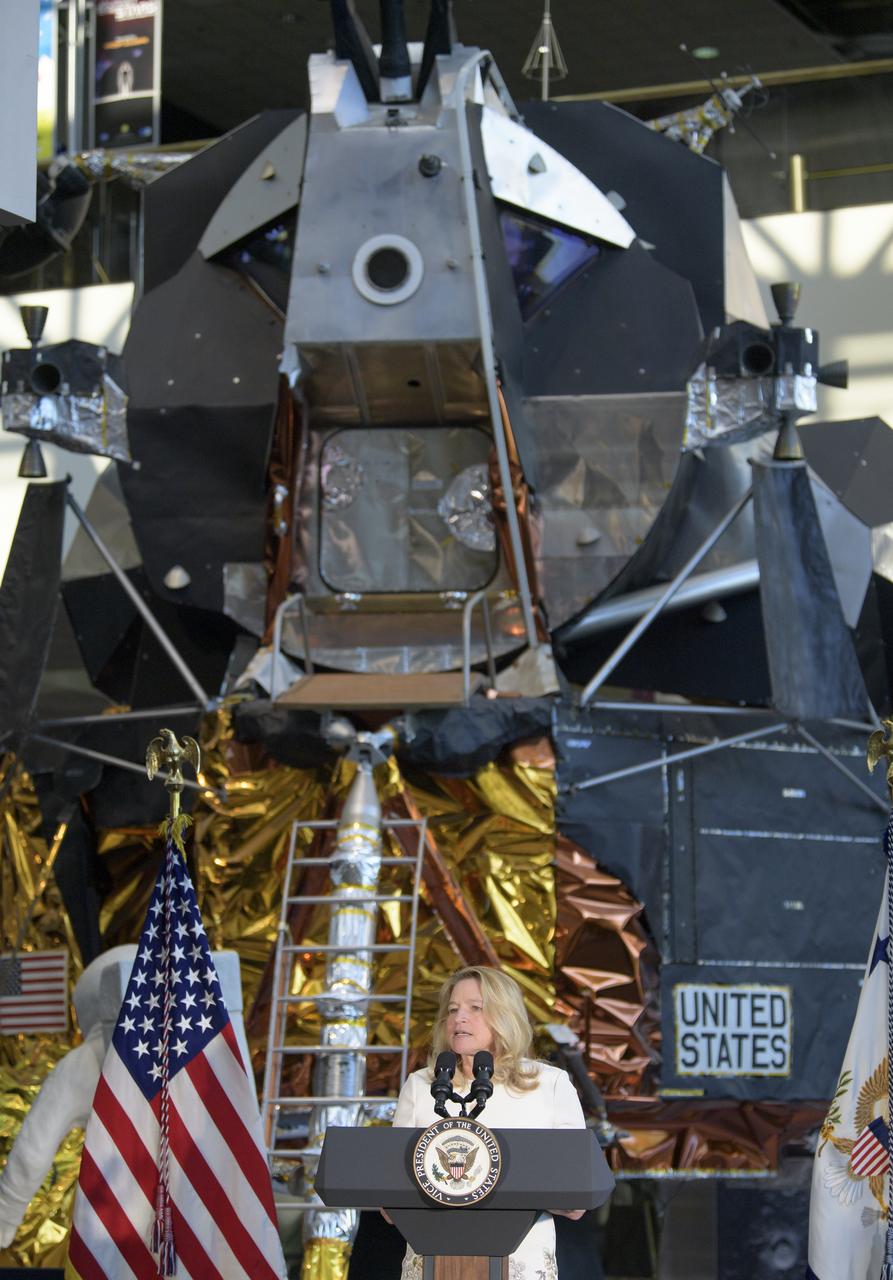 John and Adrienne Mars Director of the National Air and Space Museum Ellen Stofan gives remarks during an event were Neil Armstrong's Apollo 11 spacesuit was unveiled for the first time in 13 years, Tuesday, July 16, 2019 at the Smithsonian's National Air and Space Museum in Washington. The unveiling of the crowd funded spacesuit conservation marks the 50th anniversary of the launch of the Apollo 11 mission.Photo Credit: (NASA/Bill Ingalls)
