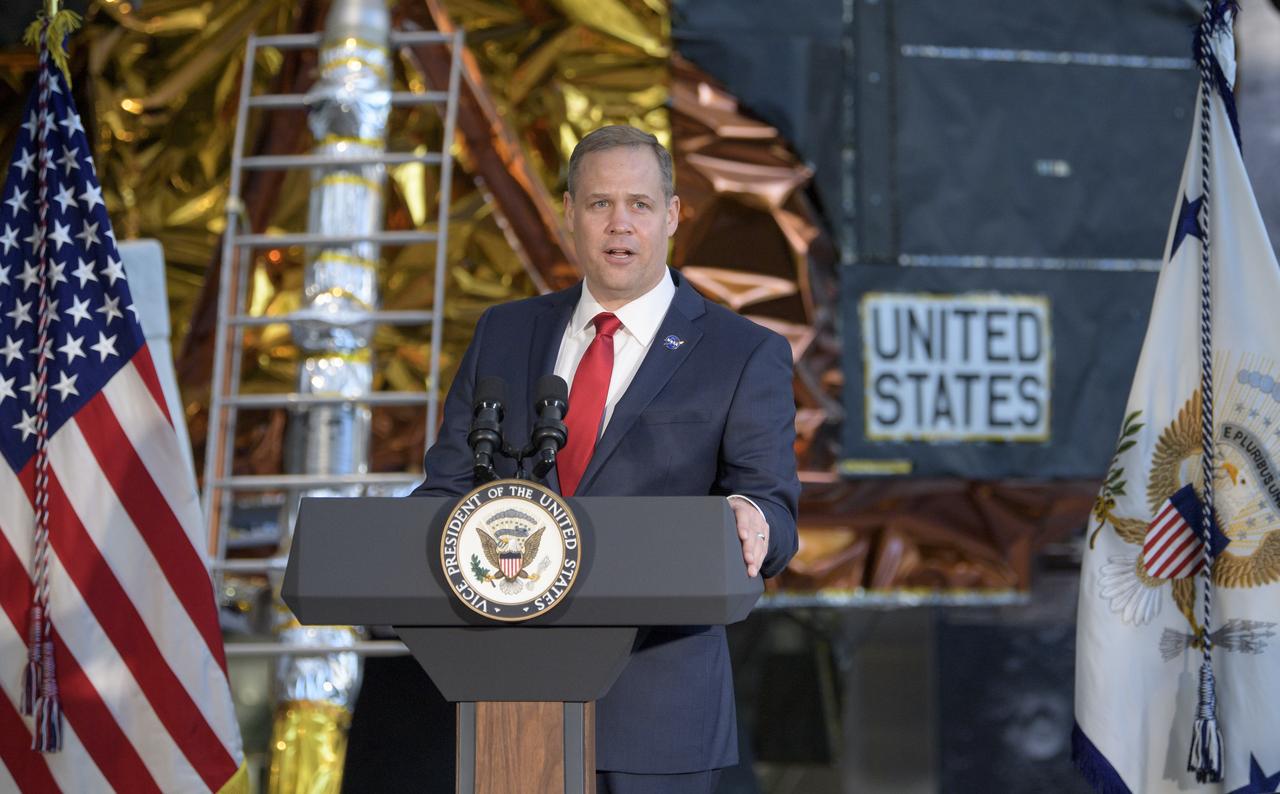 NASA Administrator Jim Bridenstine gives remarks during an event were Neil Armstrong's Apollo 11 spacesuit was unveiled for the first time in 13 years, Tuesday, July 16, 2019 at the Smithsonian's National Air and Space Museum in Washington. The unveiling of the crowd funded spacesuit conservation marks the 50th anniversary of the launch of the Apollo 11 mission.Photo Credit: (NASA/Bill Ingalls)