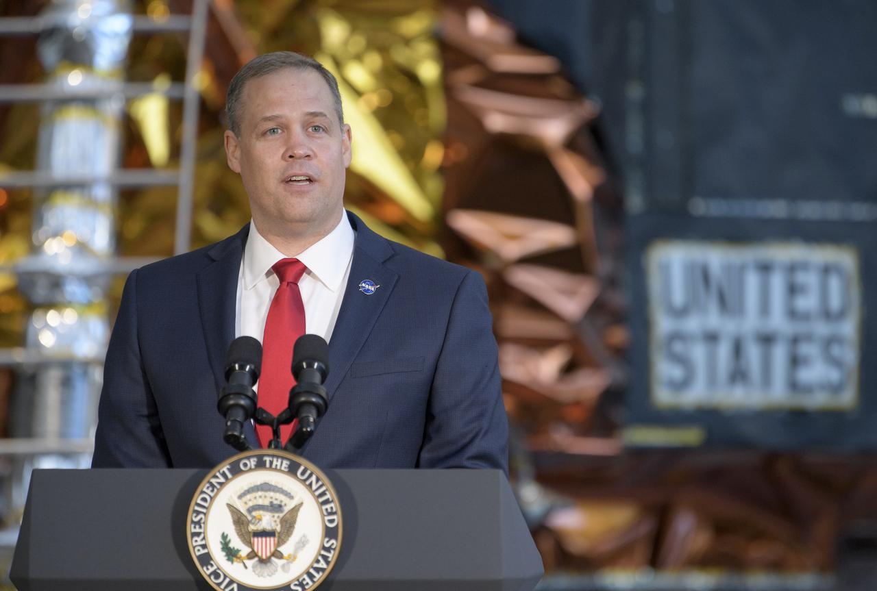 NASA Administrator Jim Bridenstine gives remarks during an event were Neil Armstrong's Apollo 11 spacesuit was unveiled for the first time in 13 years, Tuesday, July 16, 2019 at the Smithsonian's National Air and Space Museum in Washington. The unveiling of the crowd funded spacesuit conservation marks the 50th anniversary of the launch of the Apollo 11 mission.Photo Credit: (NASA/Bill Ingalls)
