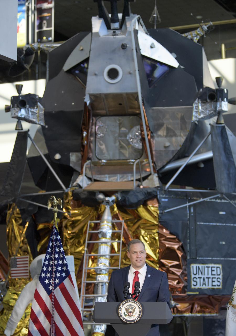NASA Administrator Jim Bridenstine gives remarks during an event were Neil Armstrong's Apollo 11 spacesuit was unveiled for the first time in 13 years, Tuesday, July 16, 2019 at the Smithsonian's National Air and Space Museum in Washington. The unveiling of the crowd funded spacesuit conservation marks the 50th anniversary of the launch of the Apollo 11 mission.Photo Credit: (NASA/Bill Ingalls)