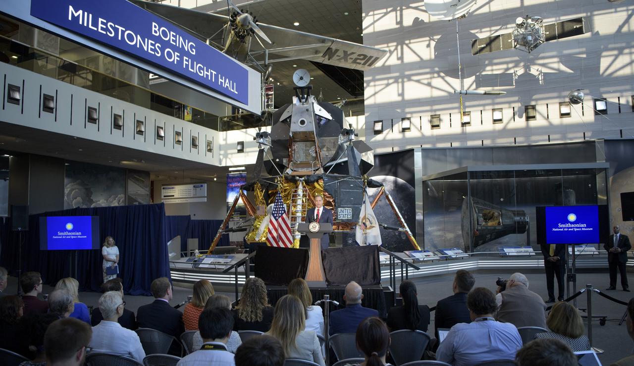 NASA Administrator Jim Bridenstine gives remarks during an event were Neil Armstrong's Apollo 11 spacesuit was unveiled for the first time in 13 years, Tuesday, July 16, 2019 at the Smithsonian's National Air and Space Museum in Washington. The unveiling of the crowd funded spacesuit conservation marks the 50th anniversary of the launch of the Apollo 11 mission.Photo Credit: (NASA/Bill Ingalls)