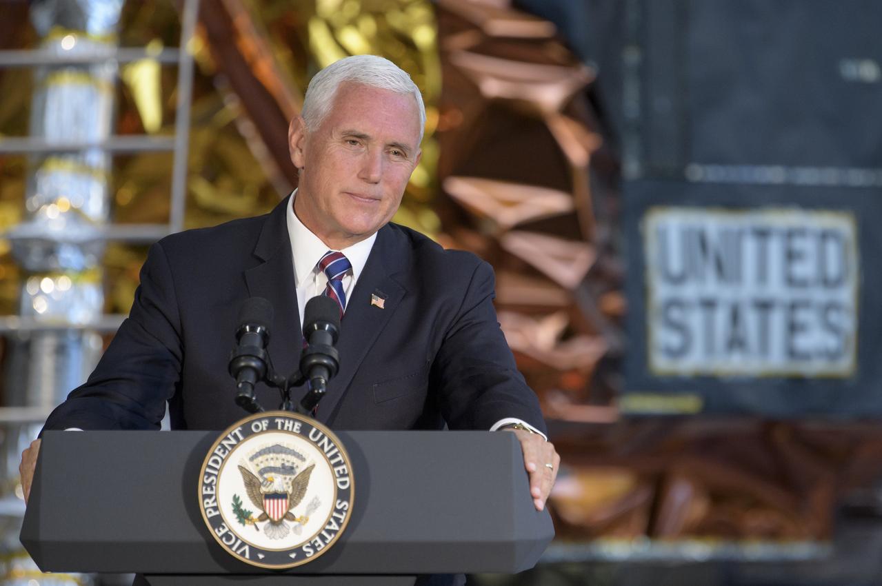 Vice President of the United States Mike Pence gives remarks during an event were Neil Armstrong's Apollo 11 spacesuit was unveiled for the first time in 13 years, Tuesday, July 16, 2019 at the Smithsonian's National Air and Space Museum in Washington. The unveiling of the crowd funded spacesuit conservation marks the 50th anniversary of the launch of the Apollo 11 mission.Photo Credit: (NASA/Bill Ingalls)