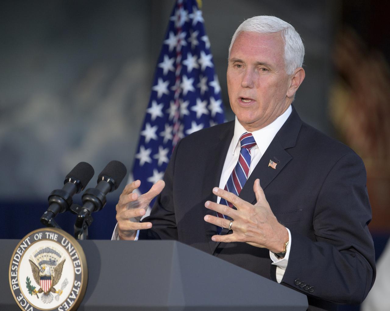 Vice President of the United States Mike Pence gives remarks during an event were Neil Armstrong's Apollo 11 spacesuit was unveiled for the first time in 13 years, Tuesday, July 16, 2019 at the Smithsonian's National Air and Space Museum in Washington. The unveiling of the crowd funded spacesuit conservation marks the 50th anniversary of the launch of the Apollo 11 mission.Photo Credit: (NASA/Bill Ingalls)