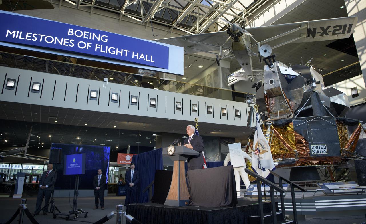 Vice President of the United States Mike Pence gives remarks during an event were Neil Armstrong's Apollo 11 spacesuit was unveiled for the first time in 13 years, Tuesday, July 16, 2019 at the Smithsonian's National Air and Space Museum in Washington. The unveiling of the crowd funded spacesuit conservation marks the 50th anniversary of the launch of the Apollo 11 mission.Photo Credit: (NASA/Bill Ingalls)