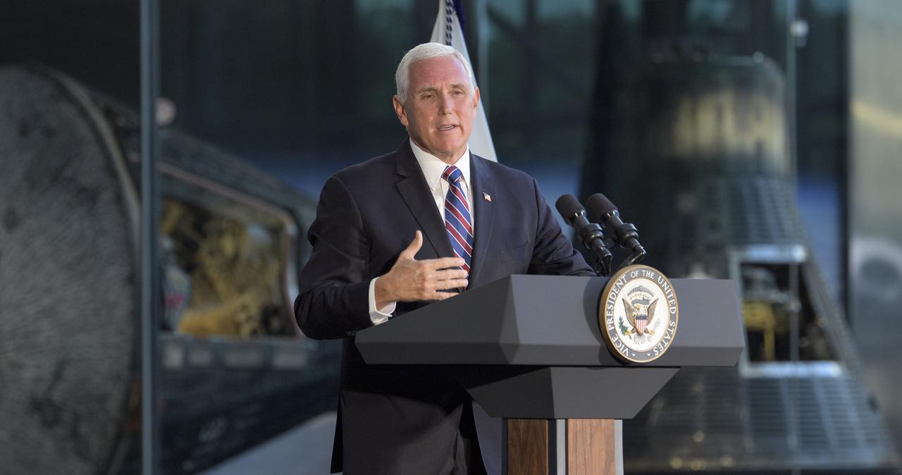 Vice President of the United States Mike Pence gives remarks during an event were Neil Armstrong's Apollo 11 spacesuit was unveiled for the first time in 13 years, Tuesday, July 16, 2019 at the Smithsonian's National Air and Space Museum in Washington. The unveiling of the crowd funded spacesuit conservation marks the 50th anniversary of the launch of the Apollo 11 mission.Photo Credit: (NASA/Bill Ingalls)