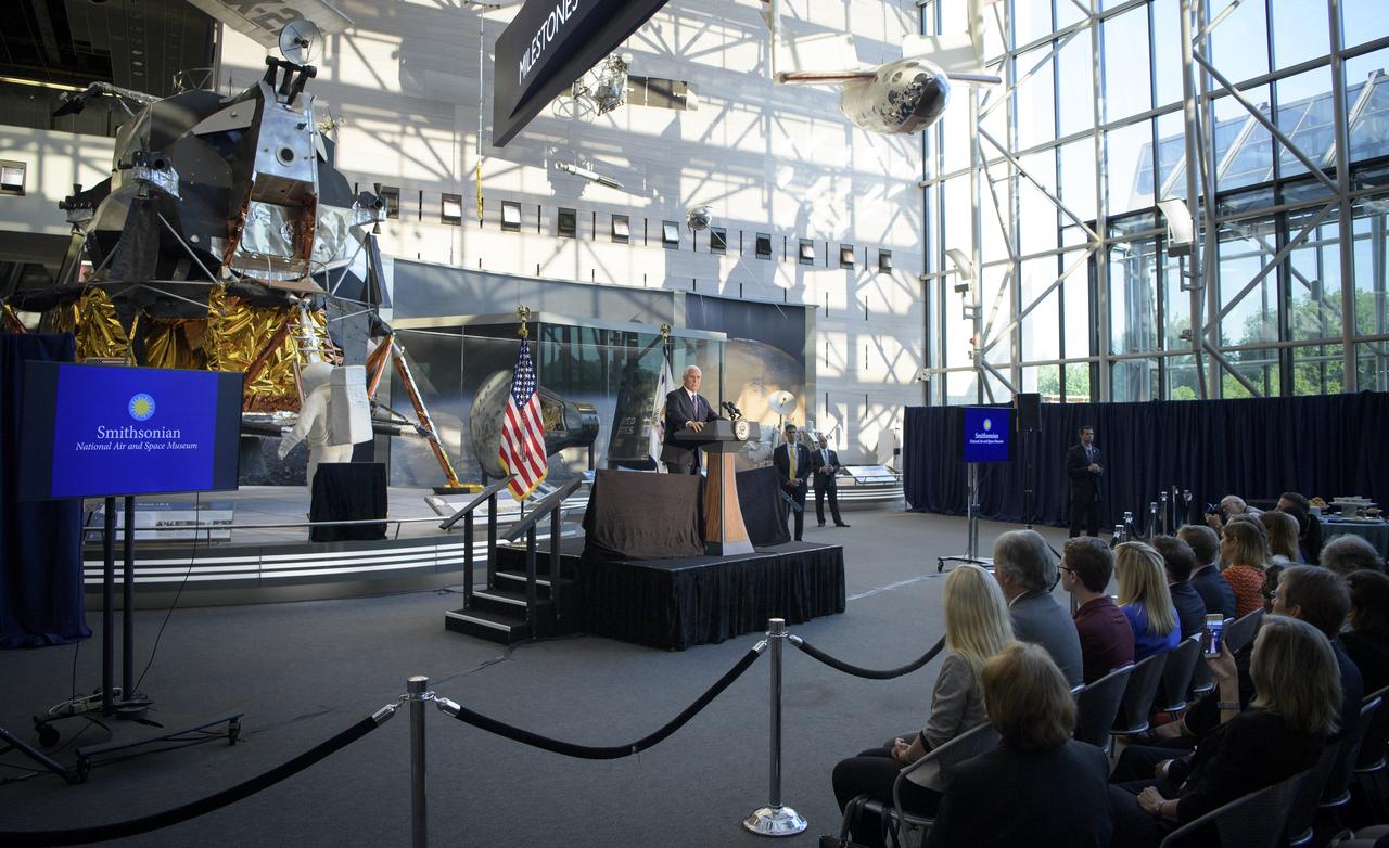 Vice President of the United States Mike Pence gives remarks during an event were Neil Armstrong's Apollo 11 spacesuit was unveiled for the first time in 13 years, Tuesday, July 16, 2019 at the Smithsonian's National Air and Space Museum in Washington. The unveiling of the crowd funded spacesuit conservation marks the 50th anniversary of the launch of the Apollo 11 mission.Photo Credit: (NASA/Bill Ingalls)