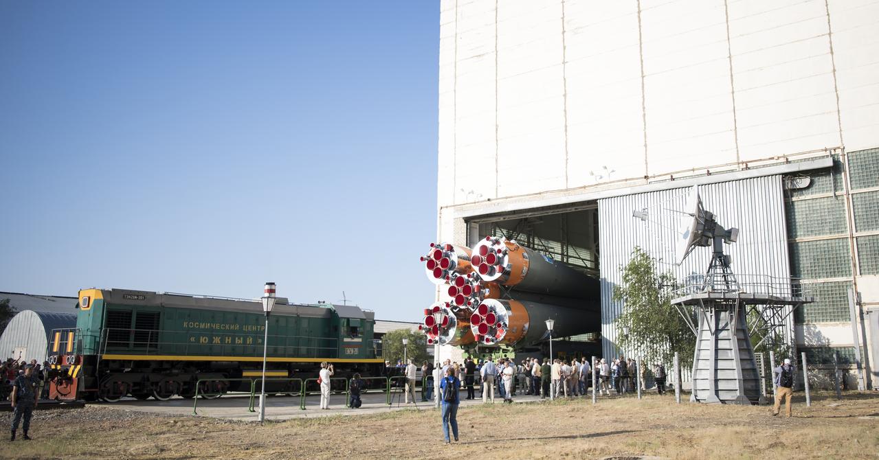 The Soyuz rocket is seen as it is rolled out of Building 112, Thursday, July 18, 2019 at the Baikonur Cosmodrome in Kazakhstan. Expedition 60 Soyuz Commander Alexander Skvortsov of Roscosmos, flight engineer Andrew Morgan of NASA, and flight engineer Luca Parmitano of ESA (European Space Agency) are scheduled to launch aboard their Soyuz MS-13 spacecraft at 12:28 p.m. Eastern time (9:28 p.m. Baikonur time) , on Saturday, July 20. Photo Credit: (NASA/Joel Kowsky)