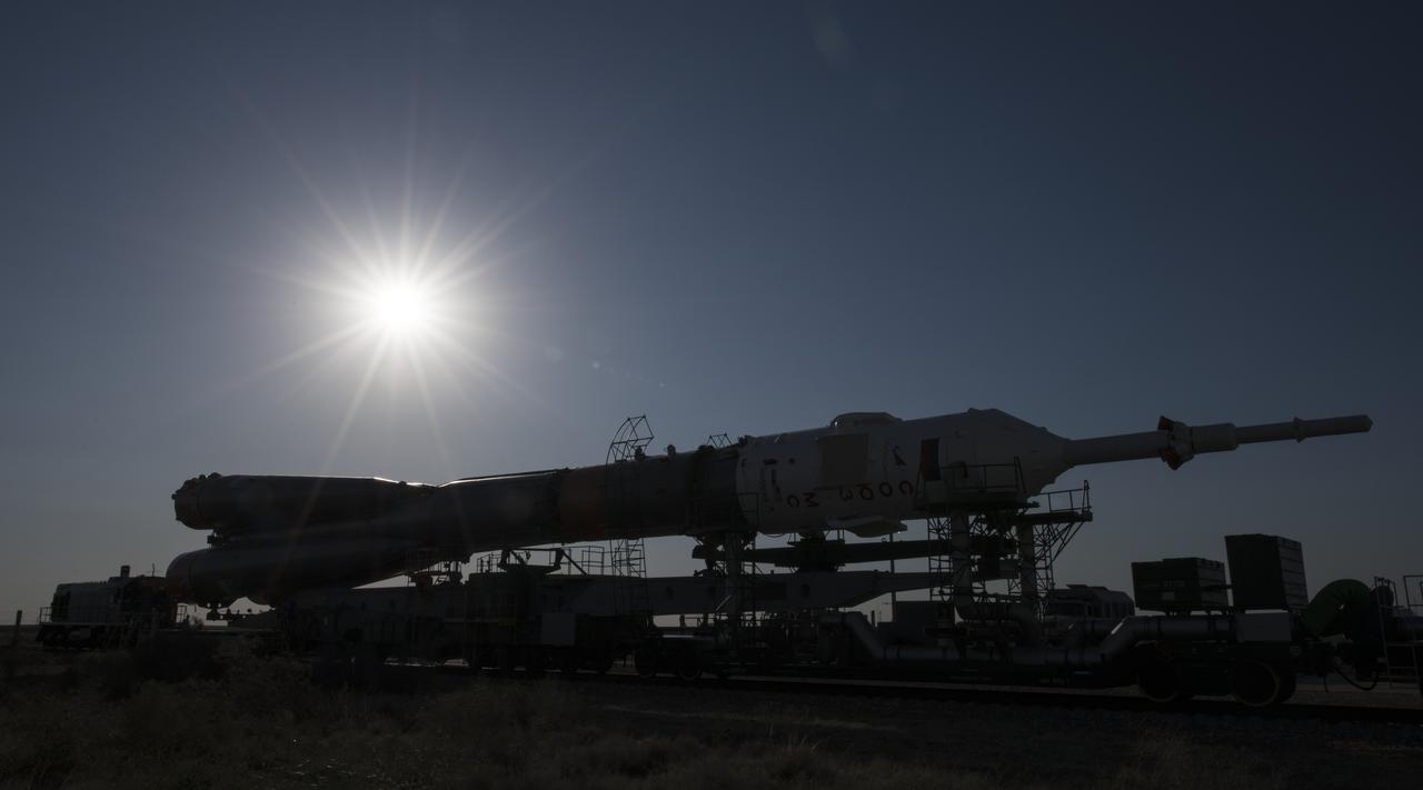 The Soyuz rocket is seen as it is rolled out by train to the launch pad, Thursday, July 18, 2019 at the Baikonur Cosmodrome in Kazakhstan. Expedition 60 Soyuz Commander Alexander Skvortsov of Roscosmos, flight engineer Andrew Morgan of NASA, and flight engineer Luca Parmitano of ESA (European Space Agency) are scheduled to launch aboard their Soyuz MS-13 spacecraft at 12:28 p.m. Eastern time (9:28 p.m. Baikonur time) , on Saturday, July 20. Photo Credit: (NASA/Joel Kowsky)