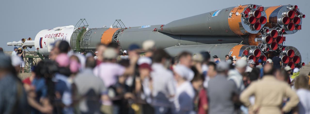 The Soyuz rocket is seen as it is transported to the launch pad by train, Thursday, July 18, 2019 at the Baikonur Cosmodrome in Kazakhstan. Expedition 60 Soyuz Commander Alexander Skvortsov of Roscosmos, flight engineer Andrew Morgan of NASA, and flight engineer Luca Parmitano of ESA (European Space Agency) are scheduled to launch aboard their Soyuz MS-13 spacecraft at 12:28 p.m. Eastern time (9:28 p.m. Baikonur time) , on Saturday, July 20. Photo Credit: (NASA/Joel Kowsky)