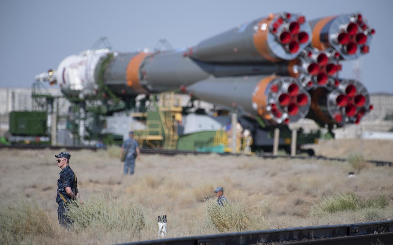 The Soyuz rocket is rolled out by train to the launch pad, Thursday, July 18, 2019 at the Baikonur Cosmodrome in Kazakhstan. Expedition 60 Soyuz Commander Alexander Skvortsov of Roscosmos, flight engineer Andrew Morgan of NASA, and flight engineer Luca Parmitano of ESA (European Space Agency) are scheduled to launch aboard their Soyuz MS-13 spacecraft at 12:28 p.m. Eastern time (9:28 p.m. Baikonur time) , on Saturday, July 20. Photo Credit: (NASA/Joel Kowsky)