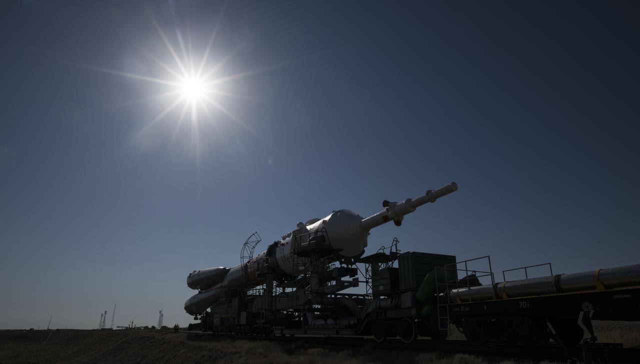 The Soyuz rocket is seen as it approaches the launch pad by train, Thursday, July 18, 2019 at the Baikonur Cosmodrome in Kazakhstan. Expedition 60 Soyuz Commander Alexander Skvortsov of Roscosmos, flight engineer Andrew Morgan of NASA, and flight engineer Luca Parmitano of ESA (European Space Agency) are scheduled to launch aboard their Soyuz MS-13 spacecraft at 12:28 p.m. Eastern time (9:28 p.m. Baikonur time) , on Saturday, July 20. Photo Credit: (NASA/Joel Kowsky)