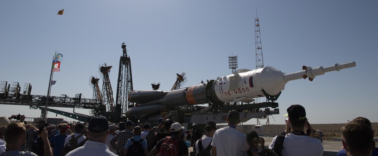 The Soyuz rocket is seen at the launch pad shortly after arriving by train, Thursday, July 18, 2019 at the Baikonur Cosmodrome in Kazakhstan. Expedition 60 Soyuz Commander Alexander Skvortsov of Roscosmos, flight engineer Andrew Morgan of NASA, and flight engineer Luca Parmitano of ESA (European Space Agency) are scheduled to launch aboard their Soyuz MS-13 spacecraft at 12:28 p.m. Eastern time (9:28 p.m. Baikonur time) , on Saturday, July 20. Photo Credit: (NASA/Joel Kowsky)