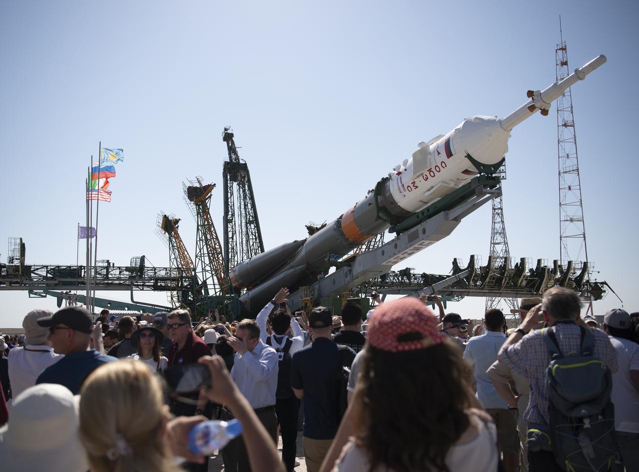 The Soyuz rocket is seen as it is raised into a vertical position on the launch pad, Thursday, July 18, 2019 at the Baikonur Cosmodrome in Kazakhstan. Expedition 60 Soyuz Commander Alexander Skvortsov of Roscosmos, flight engineer Andrew Morgan of NASA, and flight engineer Luca Parmitano of ESA (European Space Agency) are scheduled to launch aboard their Soyuz MS-13 spacecraft at 12:28 p.m. Eastern time (9:28 p.m. Baikonur time) , on Saturday, July 20. Photo Credit: (NASA/Joel Kowsky)