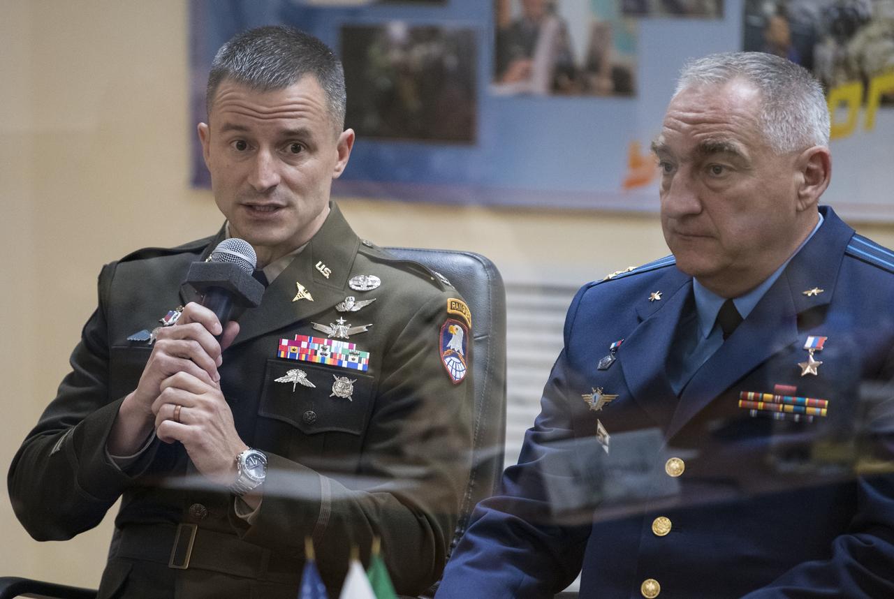 Expedition 60 flight engineer Andrew Morgan of NASA speaks during the State Commission meeting to approve the Soyuz launch of Expedition 60 to the International Space Station, Friday, July 19, 2019 at the Cosmonaut Hotel in Baikonur, Kazakhstan. Morgan, Soyuz Commander Alexander Skvortsov of Roscosmos, and Luca Parmitano of ESA (European Space Agency) are scheduled to launch to the International Space Station aboard the Soyuz MS-13 spacecraft on Saturday, July 20. Photo Credit: (NASA/Joel Kowsky)