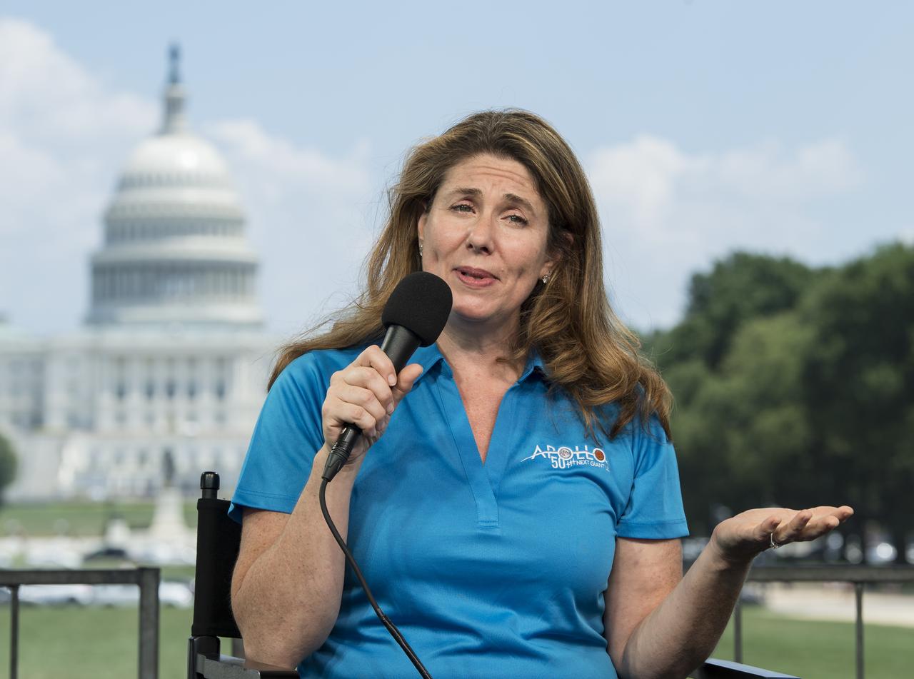 NASA Public Affairs Officer for Heliophysics, Karen Fox, speaks during “NASA’s Giant Leaps: Past and Future," a live television program on Friday, July 19, 2019 on the National Mall in Washington. NASA and the world are recognizing the 50th anniversary of Apollo 11, in which astronauts Neil Armstrong, Michael Collins, and Buzz Aldrin crewed the first mission to land astronauts on the Moon. Photo Credit: (NASA/Aubrey Gemignani)