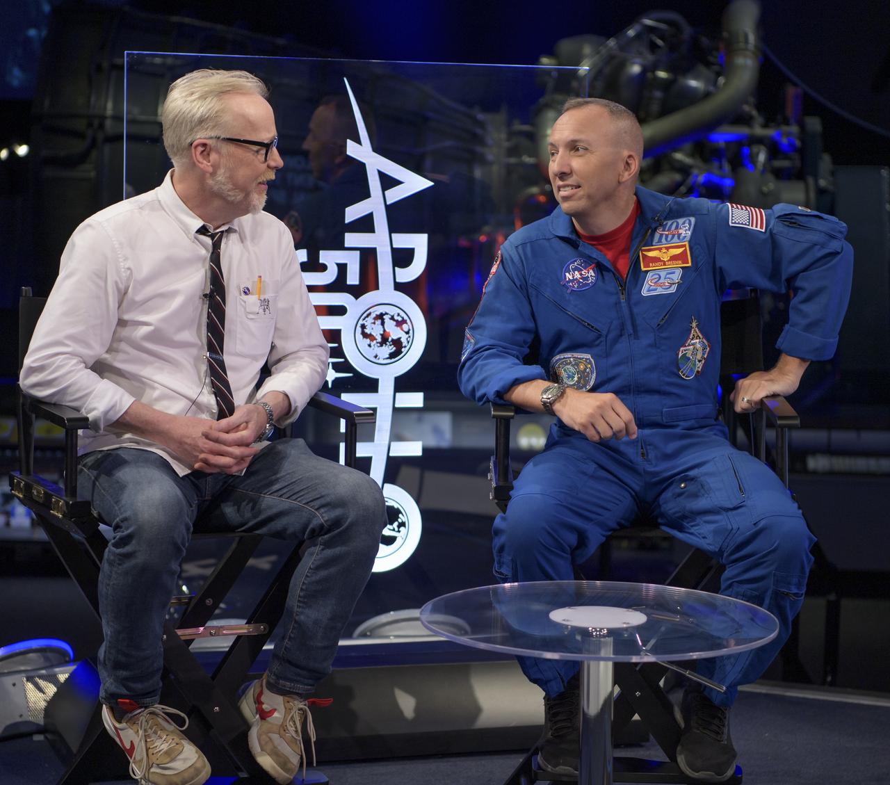 Adam Savage, Maker and Host of Savage Builds, interviews NASA astronaut Randy Bresnik during “NASA’s Giant Leaps: Past and Future," a live television program on Friday, July 19, 2019 from the Smithsonian National Air and Space Museum in Washington. NASA and the world are recognizing the 50th anniversary of Apollo 11, in which astronauts Neil Armstrong, Michael Collins, and Buzz Aldrin crewed the first mission to land astronauts on the Moon. Photo Credit: (NASA/Bill Ingalls)