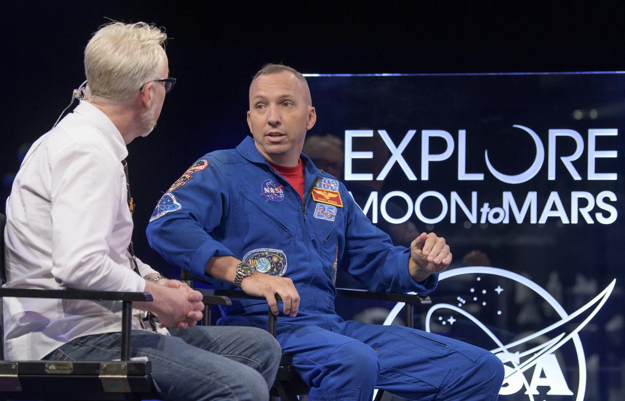 Adam Savage, Maker and Host of Savage Builds, interviews NASA astronaut Randy Bresnik during “NASA’s Giant Leaps: Past and Future," a live television program on Friday, July 19, 2019 from the Smithsonian National Air and Space Museum in Washington. NASA and the world are recognizing the 50th anniversary of Apollo 11, in which astronauts Neil Armstrong, Michael Collins, and Buzz Aldrin crewed the first mission to land astronauts on the Moon. Photo Credit: (NASA/Bill Ingalls)