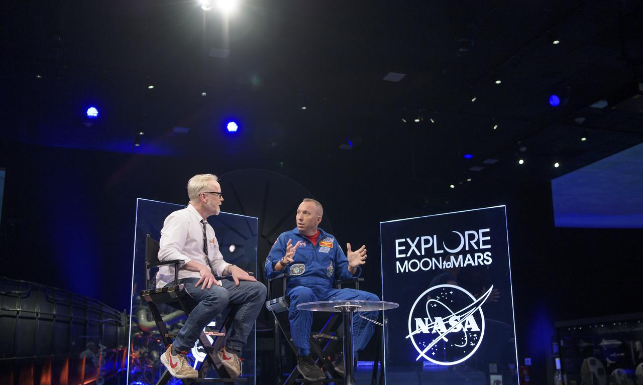Adam Savage, Maker and Host of Savage Builds, interviews NASA astronaut Randy Bresnik during “NASA’s Giant Leaps: Past and Future," a live television program on Friday, July 19, 2019 from the Smithsonian National Air and Space Museum in Washington. NASA and the world are recognizing the 50th anniversary of Apollo 11, in which astronauts Neil Armstrong, Michael Collins, and Buzz Aldrin crewed the first mission to land astronauts on the Moon. Photo Credit: (NASA/Bill Ingalls)