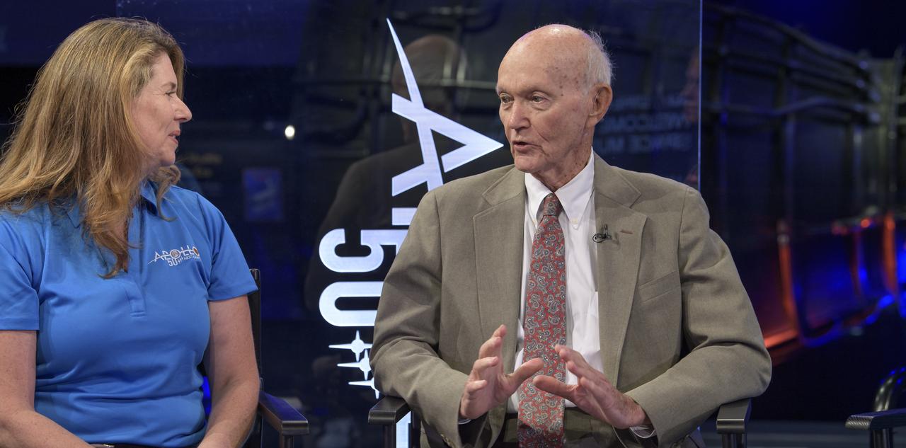 NASA Public Affairs Officer for Heliophysics Karen Fox, interviews, Apollo 11 astronaut Mike Collins during “NASA’s Giant Leaps: Past and Future," a live television program on Friday, July 19, 2019 from the Smithsonian National Air and Space Museum in Washington. NASA and the world are recognizing the 50th anniversary of Apollo 11, in which astronauts Neil Armstrong, Michael Collins, and Buzz Aldrin crewed the first mission to land astronauts on the Moon. Photo Credit: (NASA/Bill Ingalls)