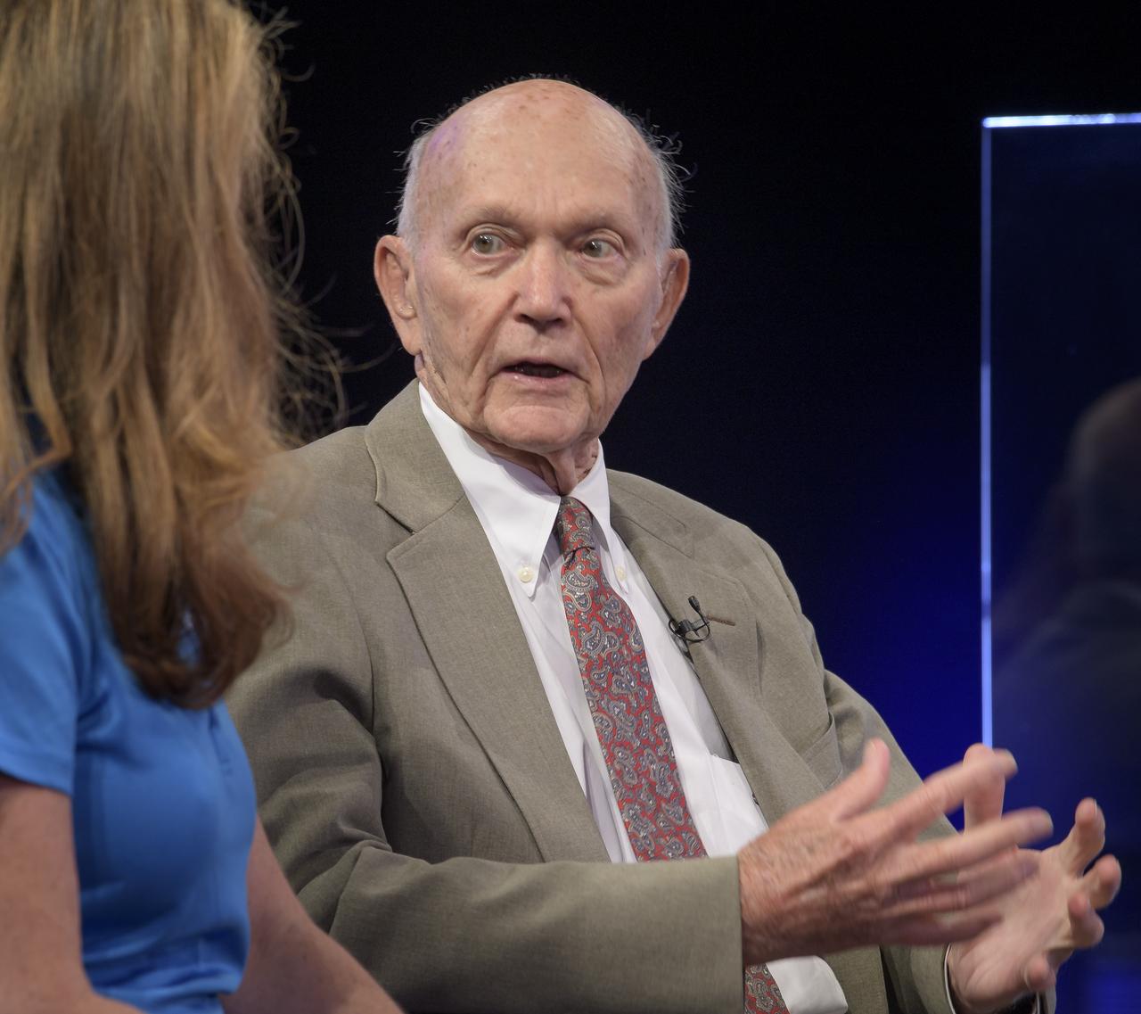 NASA Public Affairs Officer for Heliophysics Karen Fox, interviews, Apollo 11 astronaut Mike Collins during “NASA’s Giant Leaps: Past and Future," a live television program on Friday, July 19, 2019 from the Smithsonian National Air and Space Museum in Washington. NASA and the world are recognizing the 50th anniversary of Apollo 11, in which astronauts Neil Armstrong, Michael Collins, and Buzz Aldrin crewed the first mission to land astronauts on the Moon. Photo Credit: (NASA/Bill Ingalls)