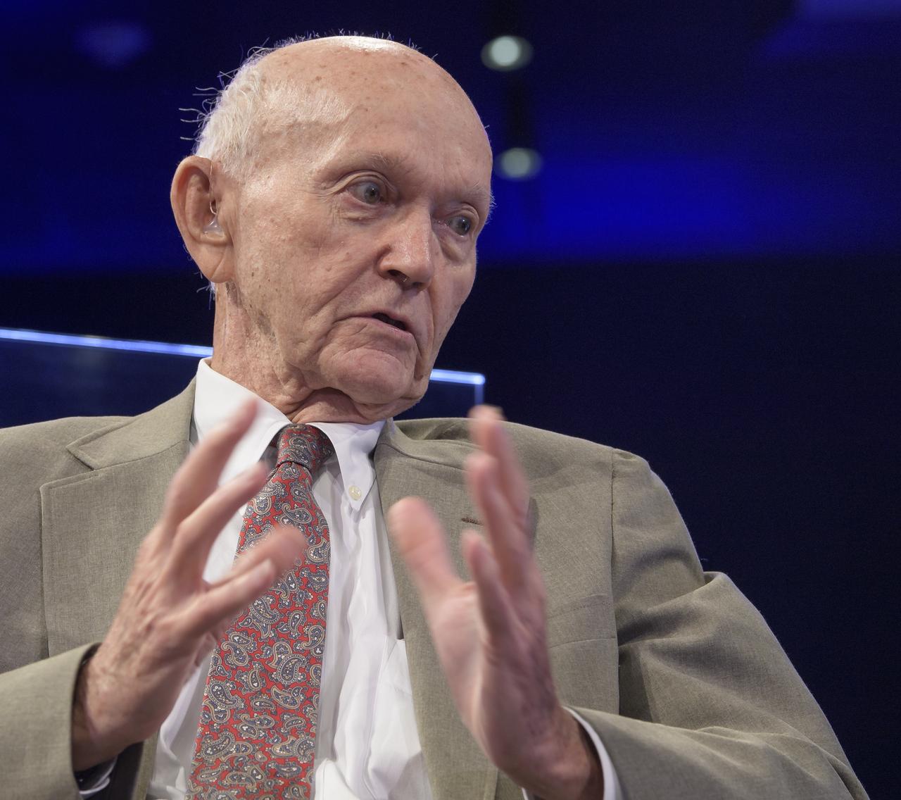 Apollo 11 astronaut Mike Collins talks about his mission during “NASA’s Giant Leaps: Past and Future," a live television program on Friday, July 19, 2019 from the Smithsonian National Air and Space Museum in Washington. NASA and the world are recognizing the 50th anniversary of Apollo 11, in which astronauts Neil Armstrong, Michael Collins, and Buzz Aldrin crewed the first mission to land astronauts on the Moon. Photo Credit: (NASA/Bill Ingalls)