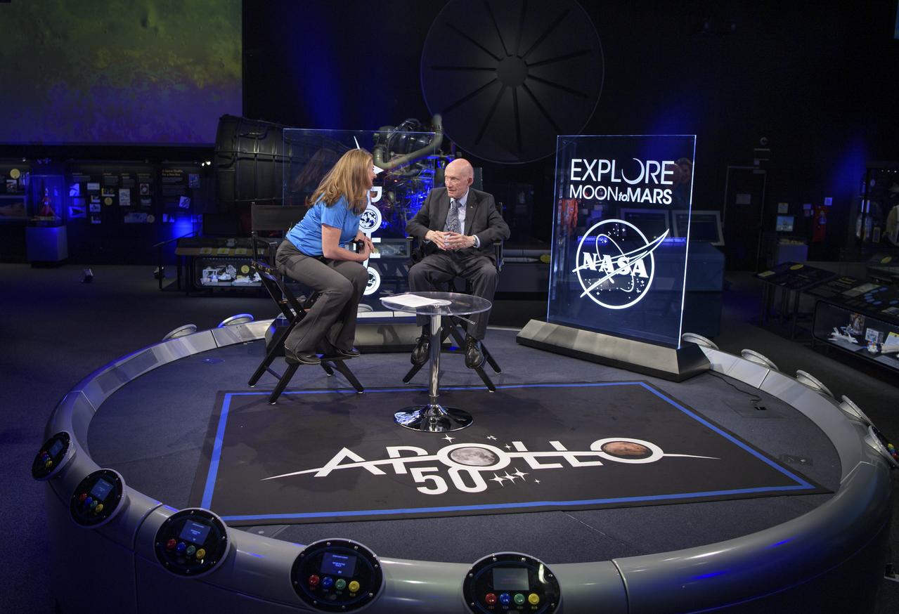 NASA Public Affairs Officer for Heliophysics Karen Fox interviews Apollo 10 astronaut General Thomas Stafford during “NASA’s Giant Leaps: Past and Future," a live television program on Friday, July 19, 2019 from the Smithsonian National Air and Space Museum in Washington. NASA and the world are recognizing the 50th anniversary of Apollo 11, in which astronauts Neil Armstrong, Michael Collins, and Buzz Aldrin crewed the first mission to land astronauts on the Moon. Photo Credit: (NASA/Bill Ingalls)