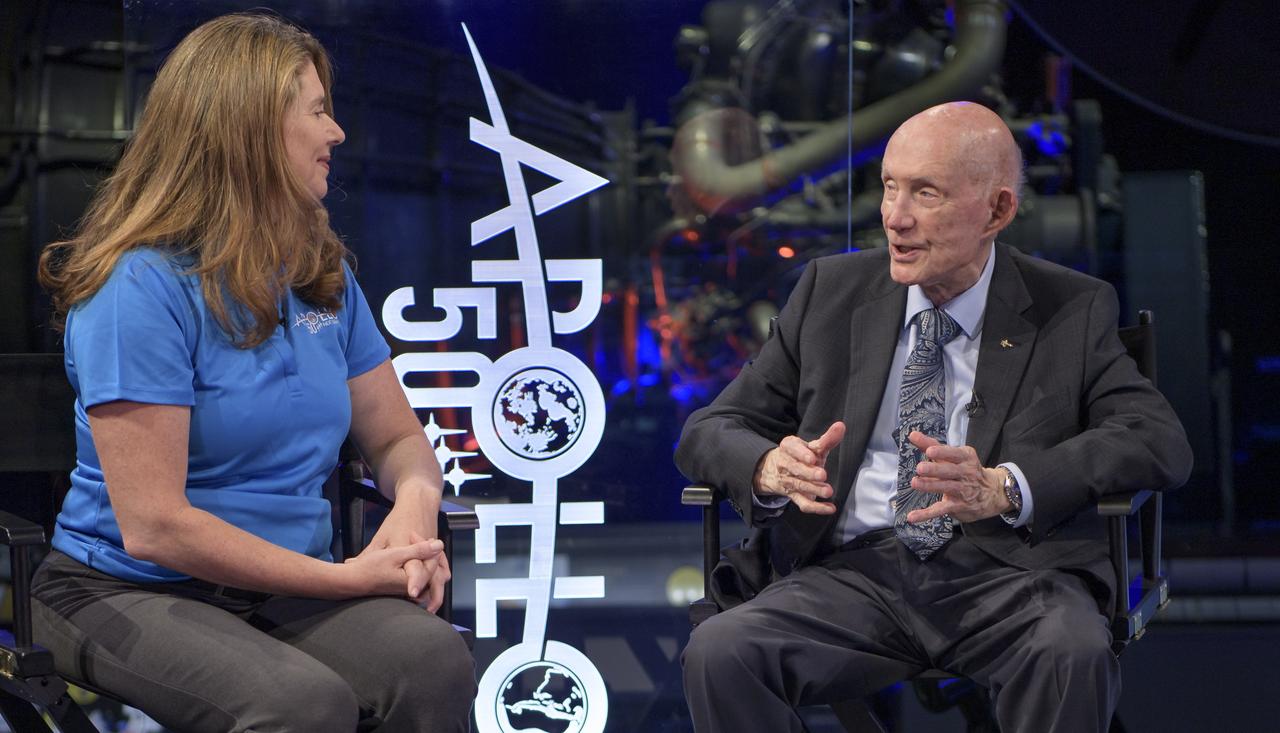 NASA Public Affairs Officer for Heliophysics Karen Fox interviews Apollo 10 astronaut General Thomas Stafford during “NASA’s Giant Leaps: Past and Future," a live television program on Friday, July 19, 2019 from the Smithsonian National Air and Space Museum in Washington. NASA and the world are recognizing the 50th anniversary of Apollo 11, in which astronauts Neil Armstrong, Michael Collins, and Buzz Aldrin crewed the first mission to land astronauts on the Moon. Photo Credit: (NASA/Bill Ingalls)