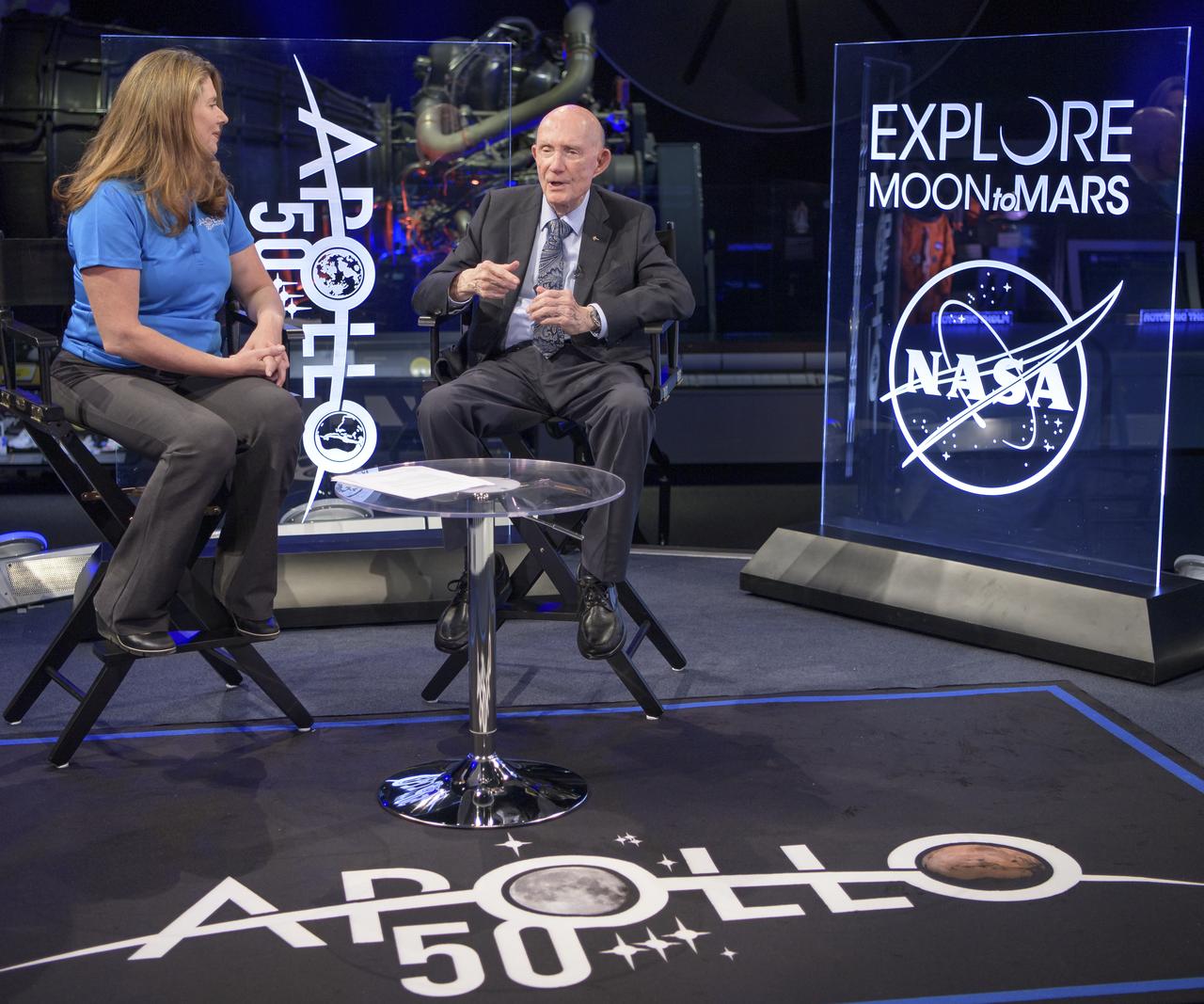 NASA Public Affairs Officer for Heliophysics Karen Fox interviews Apollo 10 astronaut General Thomas Stafford during “NASA’s Giant Leaps: Past and Future," a live television program on Friday, July 19, 2019 from the Smithsonian National Air and Space Museum in Washington. NASA and the world are recognizing the 50th anniversary of Apollo 11, in which astronauts Neil Armstrong, Michael Collins, and Buzz Aldrin crewed the first mission to land astronauts on the Moon. Photo Credit: (NASA/Bill Ingalls)