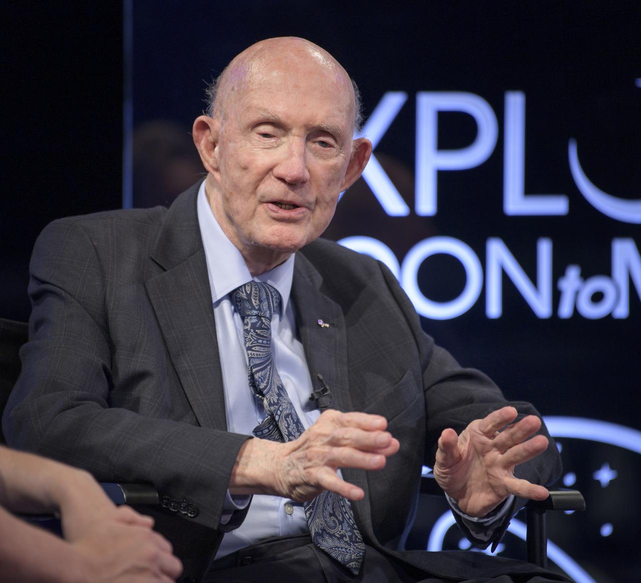 Apollo 10 astronaut General Thomas Stafford talks about his mission during “NASA’s Giant Leaps: Past and Future," a live television program on Friday, July 19, 2019 from the Smithsonian National Air and Space Museum in Washington. NASA and the world are recognizing the 50th anniversary of Apollo 11, in which astronauts Neil Armstrong, Michael Collins, and Buzz Aldrin crewed the first mission to land astronauts on the Moon. Photo Credit: (NASA/Bill Ingalls)