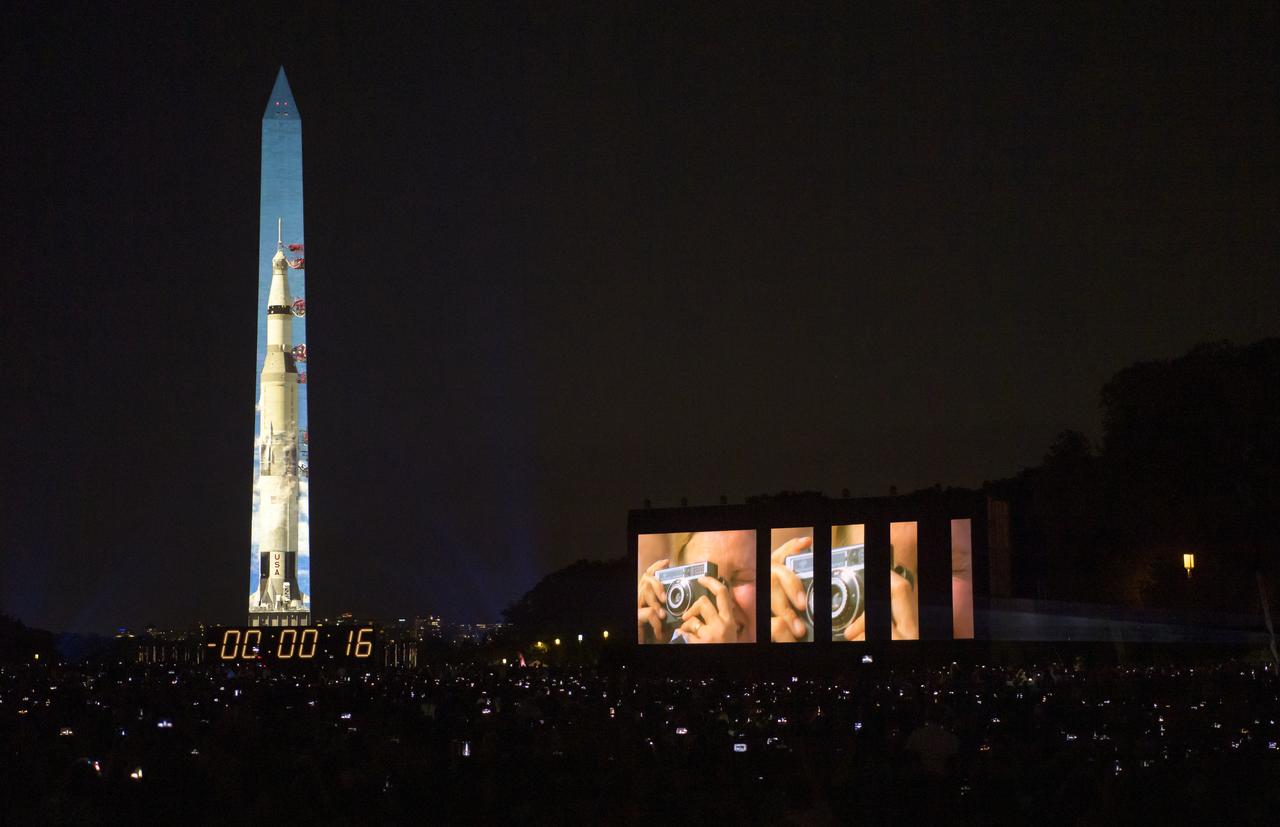 The 50 year anniversary of the Apollo 11 mission with NASA astronauts Neil Armstrong, Michael Collins, and Buzz Aldrin is celebrated in a 17-minute show, “Apollo 50: Go for the Moon”, by the Smithsonian’s National Air and Space Museum, which combined full-motion projection-mapping artwork on the Washington Monument and archival footage to recreate the launch of Apollo 11 and tell the story of the first moon landing, Friday, July 19, 2019 in Washington. Photo Credit: (NASA/Bill Ingalls)