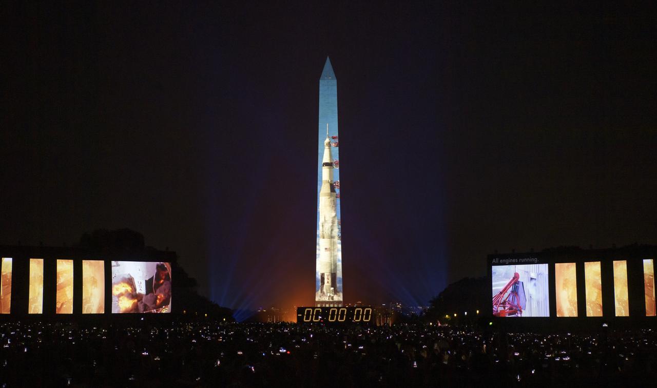 The 50 year anniversary of the Apollo 11 mission with NASA astronauts Neil Armstrong, Michael Collins, and Buzz Aldrin is celebrated in a 17-minute show, “Apollo 50: Go for the Moon”, by the Smithsonian’s National Air and Space Museum, which combined full-motion projection-mapping artwork on the Washington Monument and archival footage to recreate the launch of Apollo 11 and tell the story of the first moon landing, Friday, July 19, 2019 in Washington. Photo Credit: (NASA/Bill Ingalls)