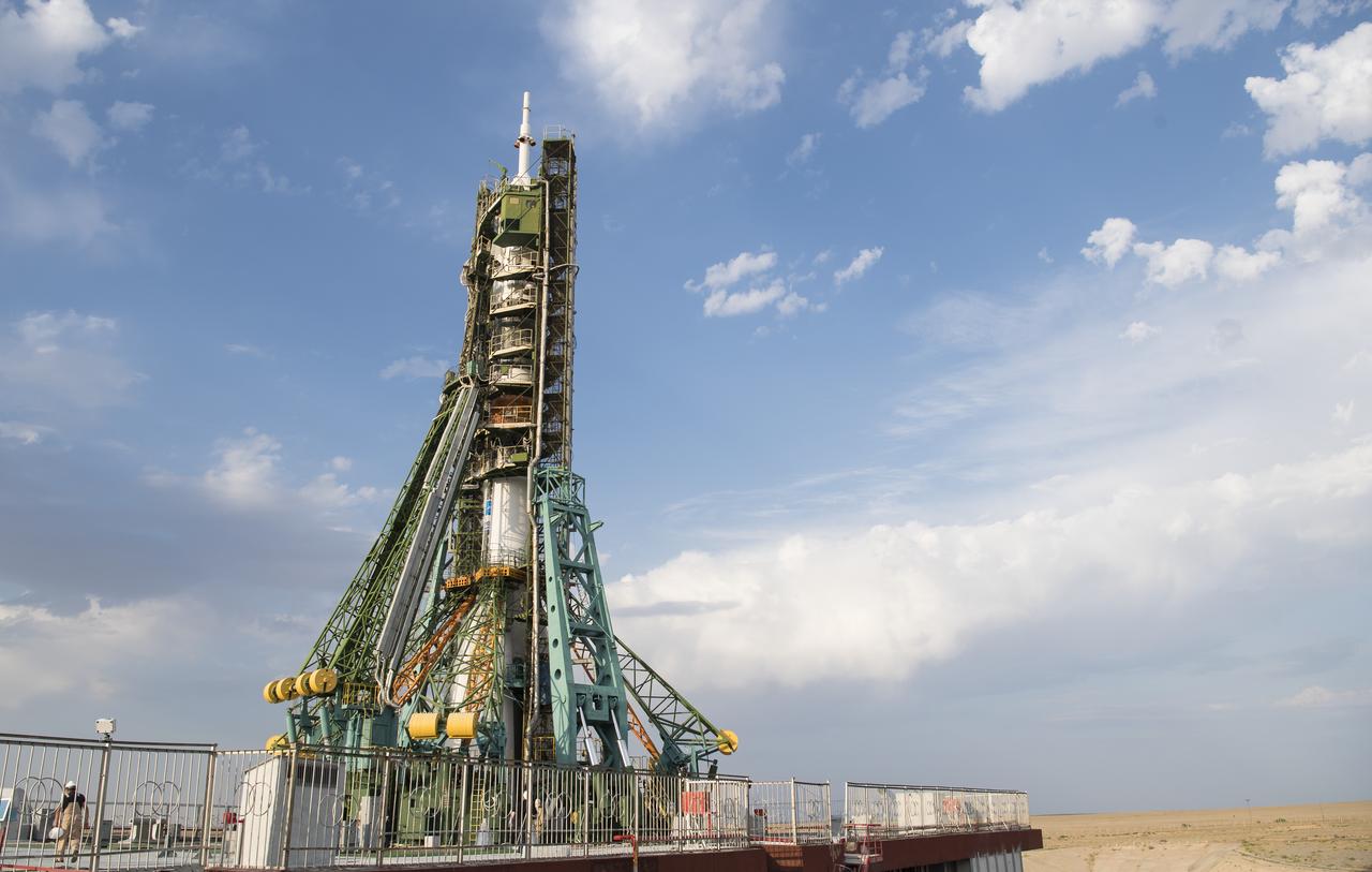 The Soyuz rocket with Soyuz MS-13 spacecraft onboard is seen on the launch pad after the arrival of Expedition 60 flight engineer Luca Parmitano of ESA (European Space Agency), flight engineer Andrew Morgan of NASA, and Soyuz Commander Alexander Skvortsov of Roscosmos, Saturday, July 20, 2019 at the Baikonur Cosmodrome in Kazakhstan. Parmitano, Morgan, and Skvortsov are scheduled to launch at 12:28 p.m. Eastern time (9:28 p.m. Baikonur time) on July 20. Photo Credit: (NASA/Joel Kowsky)