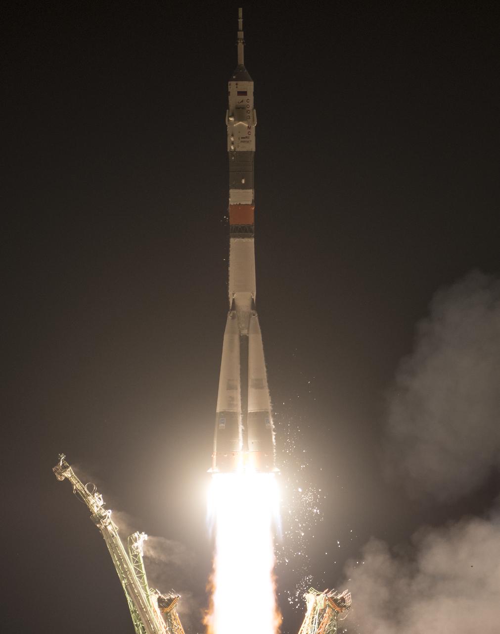 The Soyuz MS-13 rocket is launched with Expedition 60 Soyuz Commander Alexander Skvortsov of Roscosmos, flight engineer Andrew Morgan of NASA, and flight engineer Luca Parmitano of ESA (European Space Agency), Saturday, July 20, 2019 at the Baikonur Cosmodrome in Kazakhstan. Skvortsov, Morgan, and Parmitano will join fellow Expedition 60 crew members Commander Alexey Ovchinin of Roscosmos and NASA flight engineers Nick Hague and Christina Koch, who have been aboard the International Space Station since March. Photo Credit: (NASA/Joel Kowsky)