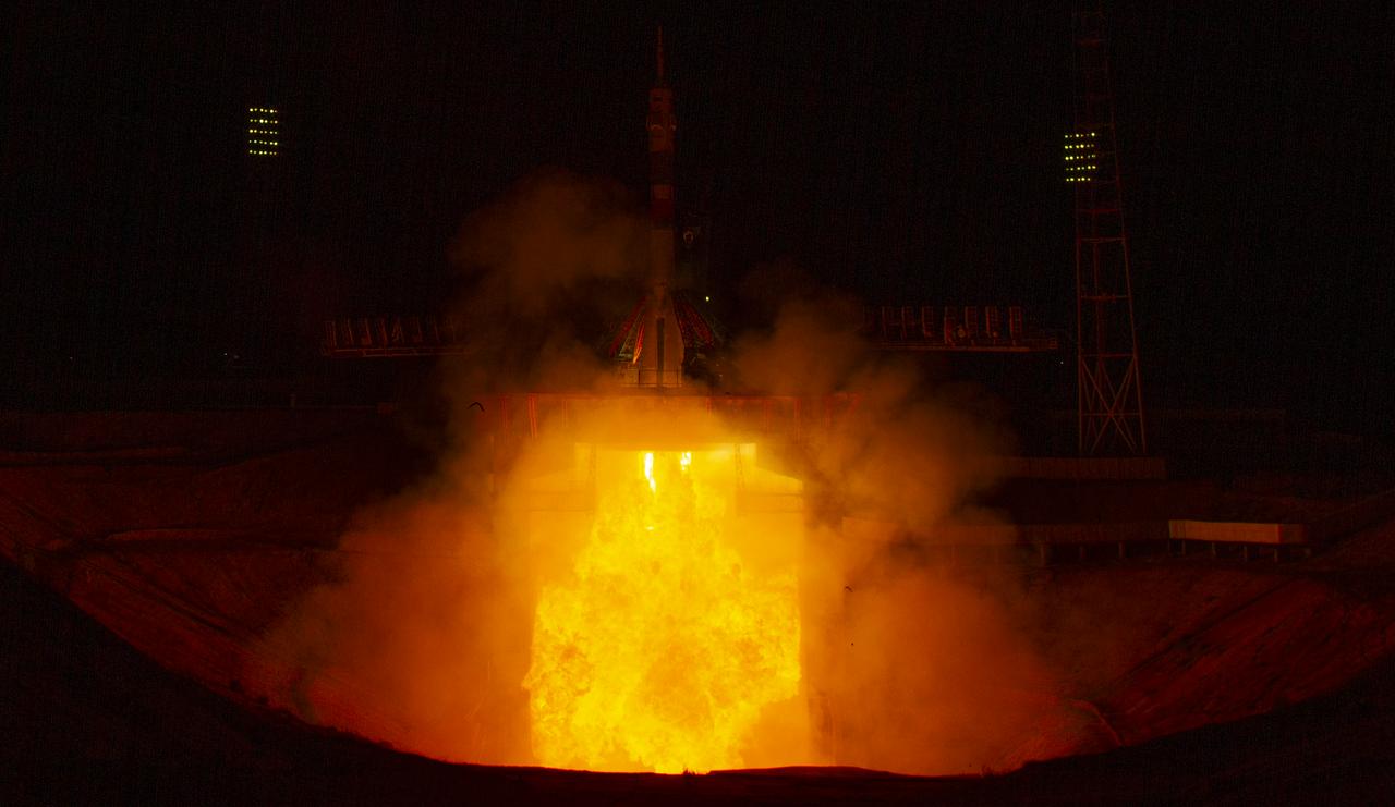 The Soyuz MS-13 rocket is launched with Expedition 60 Soyuz Commander Alexander Skvortsov of Roscosmos, flight engineer Andrew Morgan of NASA, and flight engineer Luca Parmitano of ESA (European Space Agency), Saturday, July 20, 2019 at the Baikonur Cosmodrome in Kazakhstan. Skvortsov, Morgan, and Parmitano launched at 12:28 p.m. Eastern time (9:28 p.m. Baikonur time) to begin their mission to the International Space Station. Photo Credit: (NASA/Joel Kowsky)