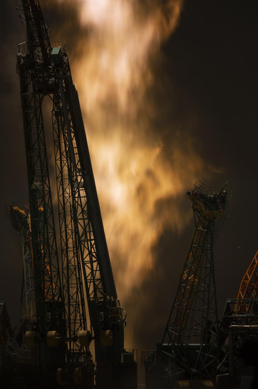 The Soyuz MS-13 rocket is launched with Expedition 60 Soyuz Commander Alexander Skvortsov of Roscosmos, flight engineer Andrew Morgan of NASA, and flight engineer Luca Parmitano of ESA (European Space Agency), Saturday, July 20, 2019 at the Baikonur Cosmodrome in Kazakhstan. Skvortsov, Morgan, and Parmitano launched at 12:28 p.m. Eastern time (9:28 p.m. Baikonur time) to begin their mission to the International Space Station. Photo Credit: (NASA/Joel Kowsky)
