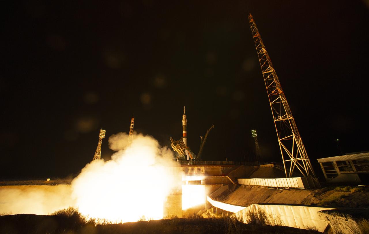 The Soyuz MS-13 rocket is launched with Expedition 60 Soyuz Commander Alexander Skvortsov of Roscosmos, flight engineer Andrew Morgan of NASA, and flight engineer Luca Parmitano of ESA (European Space Agency), Saturday, July 20, 2019 at the Baikonur Cosmodrome in Kazakhstan. Skvortsov, Morgan, and Parmitano launched at 12:28 p.m. Eastern time (9:28 p.m. Baikonur time) to begin their mission to the International Space Station. Photo Credit: (NASA/Joel Kowsky)