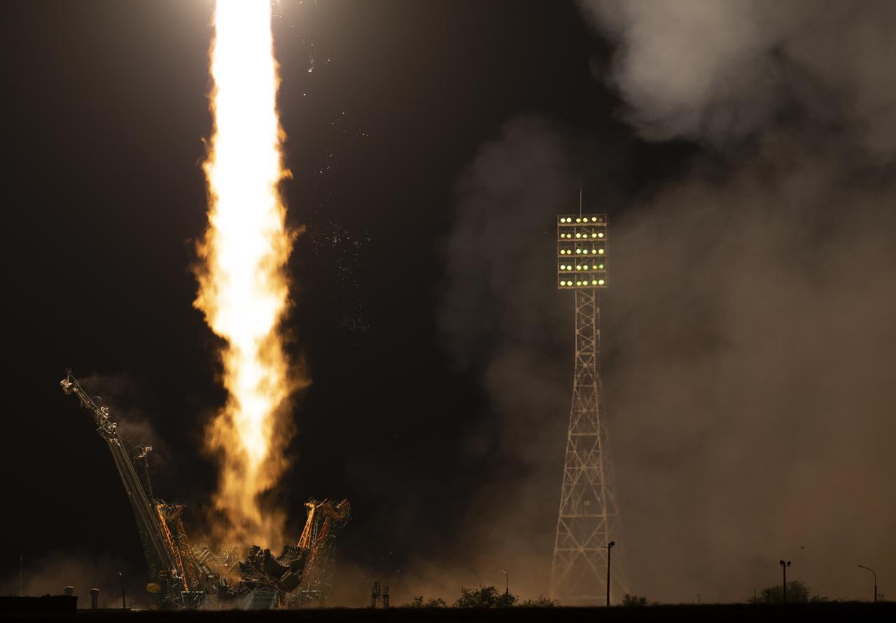 The Soyuz MS-13 rocket is launched with Expedition 60 Soyuz Commander Alexander Skvortsov of Roscosmos, flight engineer Andrew Morgan of NASA, and flight engineer Luca Parmitano of ESA (European Space Agency), Saturday, July 20, 2019 at the Baikonur Cosmodrome in Kazakhstan. Skvortsov, Morgan, and Parmitano launched at 12:28 p.m. Eastern time (9:28 p.m. Baikonur time) to begin their mission to the International Space Station. Photo Credit: (NASA/Joel Kowsky)