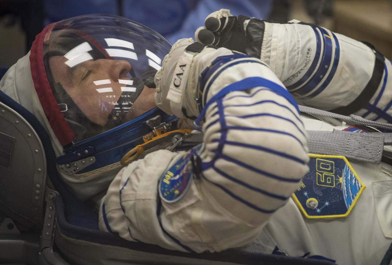 Expedition 60 Soyuz Commander Alexander Skvortsov of Roscosmos has his Russian Sokol suit pressure checked in preparation for launch aboard the Soyuz MS-13 spacecraft, Saturday, July 20, 2019 at the Baikonur Cosmodrome in Kazakhstan. Skvortsov, Andrew Morgan of NASA, and Luca Parmitano of ESA (European Space Agency) launched aboard the Soyuz MS-13 spacecraft at 12:28 p.m. Eastern time (9:28 p.m. Baikonur time) on July 20 to begin their journey to the International Space Station. Photo Credit: (NASA/Joel Kowsky)