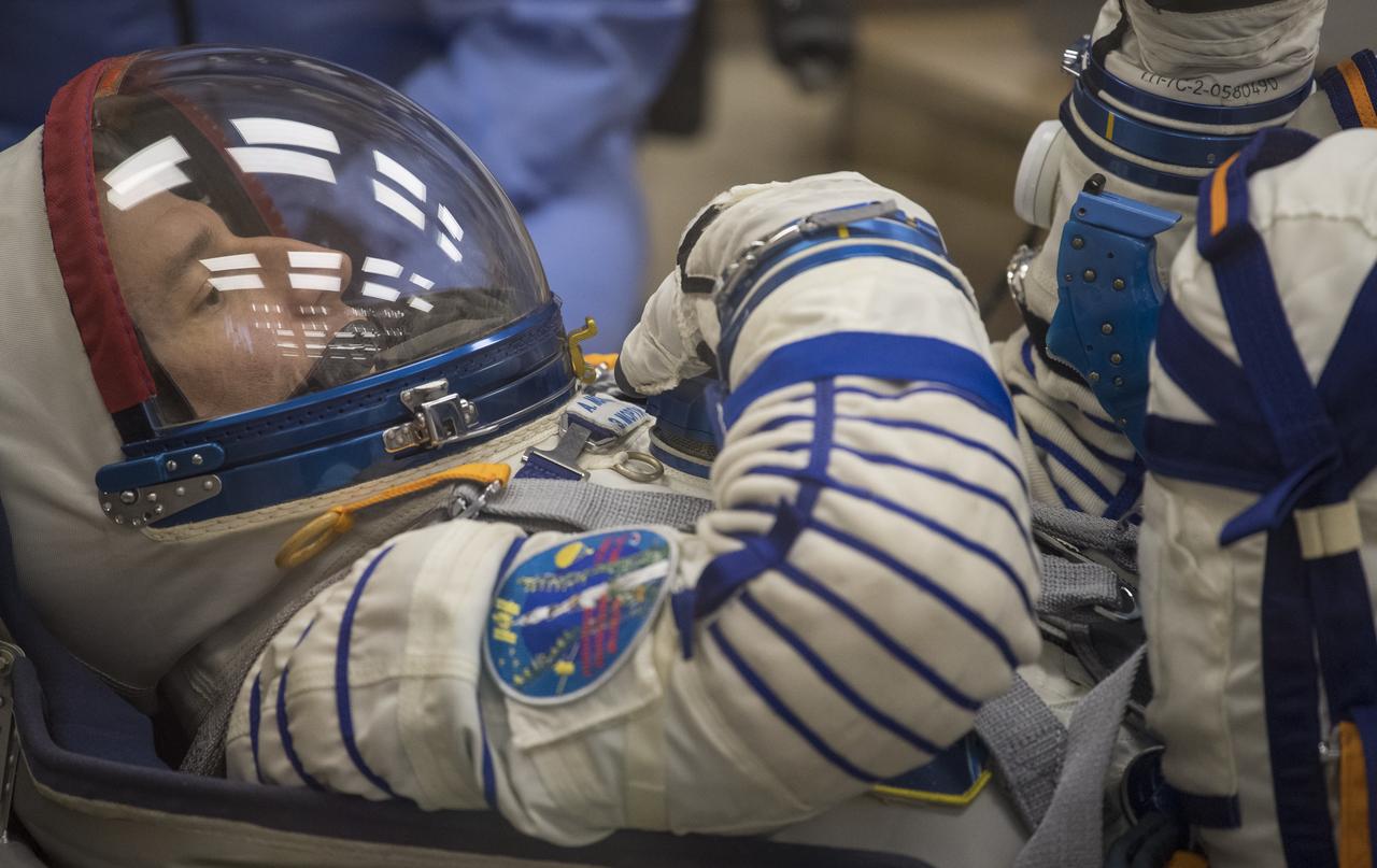 Expedition 60 flight engineer Andrew Morgan of NASA has his Russian Sokol suit pressure checked in preparation for launch aboard the Soyuz MS-13 spacecraft, Saturday, July 20, 2019 at the Baikonur Cosmodrome in Kazakhstan. Morgan, Alexander Skvortsov of Roscosmos, and Luca Parmitano of ESA (European Space Agency) launched aboard the Soyuz MS-13 spacecraft at 12:28 p.m. Eastern time (9:28 p.m. Baikonur time) on July 20 to begin their journey to the International Space Station. Photo Credit: (NASA/Joel Kowsky)