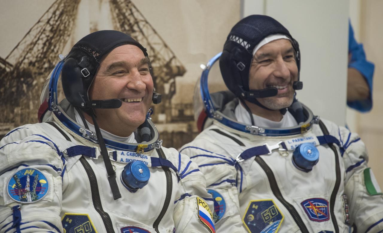 Expedition 60 \Alexander Skvortsov of Roscosmos, left, and flight engineer Luca Parmitano of ESA (European Space Agency), right, are seen during Russian Sokol suit pressure checks in preparation for launch aboard the Soyuz MS-13 spacecraft, Saturday, July 20, 2019 at the Baikonur Cosmodrome in Kazakhstan. Skvortsov, Parmitano, and Andrew Morgan of NASA launched aboard the Soyuz MS-13 spacecraft at 12:28 p.m. Eastern time (9:28 p.m. Baikonur time) on July 20 to begin their journey to the International Space Station. Photo Credit: (NASA/Joel Kowsky)