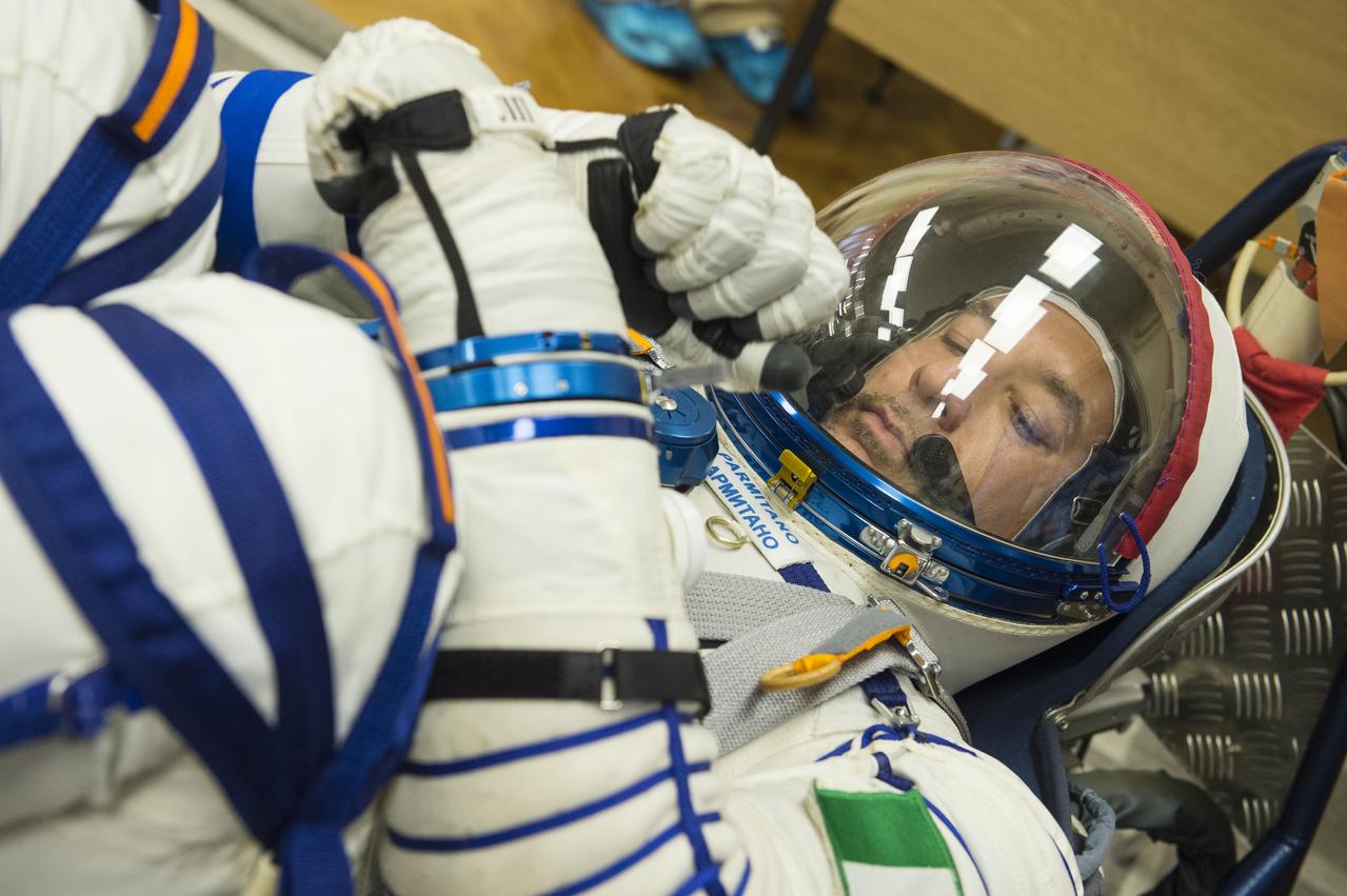Expedition 60 flight engineer Luca Parmitano of ESA (European Space Agency) is seen as his Russian Sokol suit is pressure checked in preparation for launch aboard the Soyuz MS-13 spacecraft, Saturday, July 20, 2019 at the Baikonur Cosmodrome in Kazakhstan. Parmitano, Alexander Skvortsov of Roscosmos, and Andrew Morgan of NASA launched aboard the Soyuz MS-13 spacecraft at 12:28 p.m. Eastern time (9:28 p.m. Baikonur time) on July 20 to begin their journey to the International Space Station. Photo Credit: (NASA/GCTC/Andrey Shelepin)