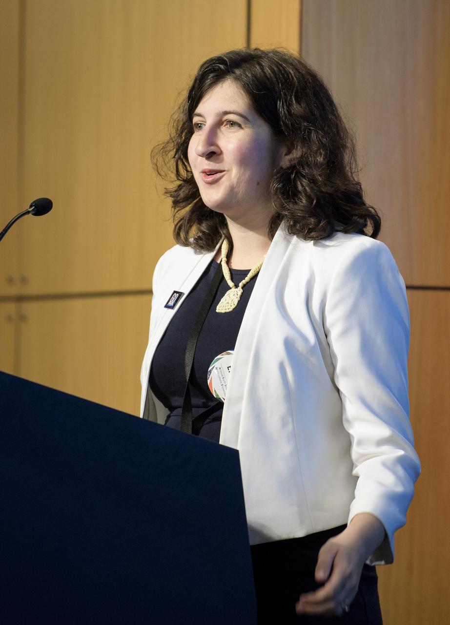 Emily Sylak-Glassman, Program Manager for the Applied Sciences Program in NASA's Earth Science Divison, speaks during the 2019 Annual Earth Science Applications Showcase, Thursday, Aug. 1, 2019 at NASA Headquarters in Washington, DC. Every summer students and young professionals from NASA’s Applied Sciences’ DEVELOP National Program come to NASA Headquarters and present their research projects. DEVELOP is a training and development program where students work on Earth science research projects, mentored by science advisers from NASA and partner agencies, and extend research results to local communities. Photo Credit: (NASA/Joel Kowsky)