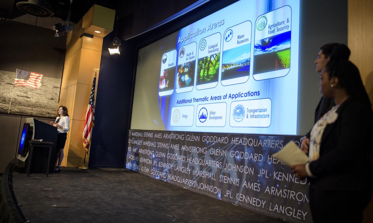 Emily Sylak-Glassman, Program Manager for the Applied Sciences Program in NASA's Earth Science Divison, speaks during the 2019 Annual Earth Science Applications Showcase, Thursday, Aug. 1, 2019 at NASA Headquarters in Washington, DC. Every summer students and young professionals from NASA’s Applied Sciences’ DEVELOP National Program come to NASA Headquarters and present their research projects. DEVELOP is a training and development program where students work on Earth science research projects, mentored by science advisers from NASA and partner agencies, and extend research results to local communities. Photo Credit: (NASA/Joel Kowsky)