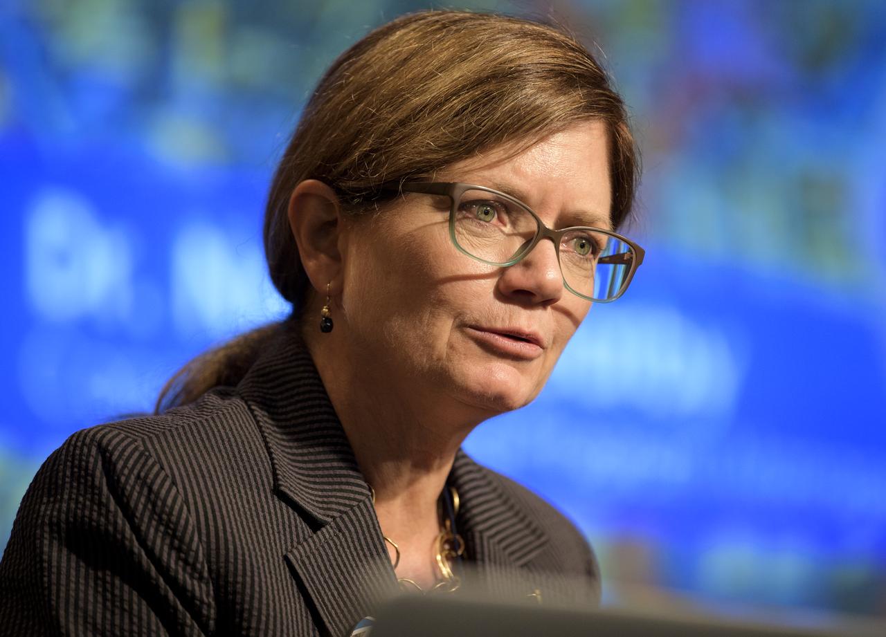 Capacity Building Program Manager for NASA's Applied Sciences Program (Earth Science Division) Nancy Searby speaks during the 2019 Annual Earth Science Applications Showcase, Thursday, Aug. 1, 2019 at NASA Headquarters in Washington, DC. Every summer students and young professionals from NASA’s Applied Sciences’ DEVELOP National Program come to NASA Headquarters and present their research projects. DEVELOP is a training and development program where students work on Earth science research projects, mentored by science advisers from NASA and partner agencies, and extend research results to local communities. Photo Credit: (NASA/Joel Kowsky)