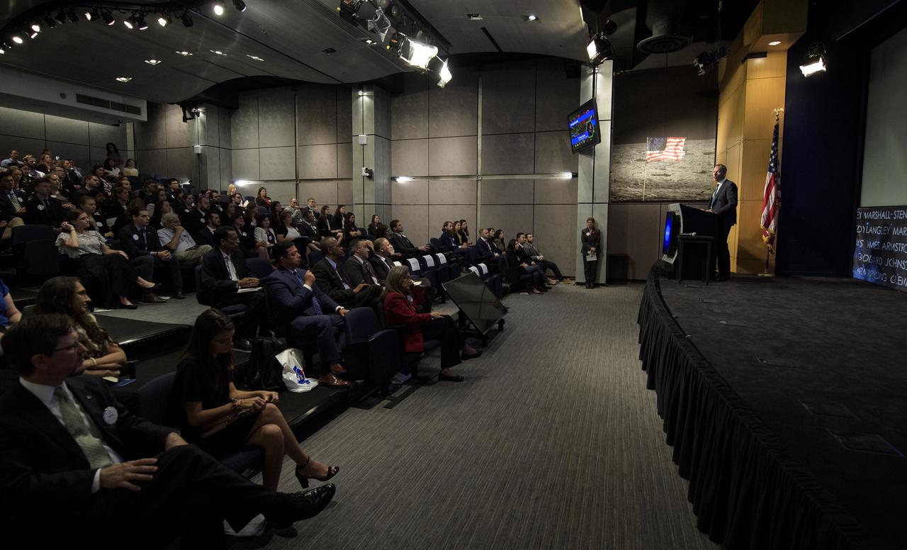 Thomas Zurbuchen, Associate Administrator for NASA's Science Mission Directorate, speaks during the 2019 Annual Earth Science Applications Showcase, Thursday, Aug. 1, 2019 at NASA Headquarters in Washington, DC. Every summer students and young professionals from NASA’s Applied Sciences’ DEVELOP National Program come to NASA Headquarters and present their research projects. DEVELOP is a training and development program where students work on Earth science research projects, mentored by science advisers from NASA and partner agencies, and extend research results to local communities. Photo Credit: (NASA/Joel Kowsky)
