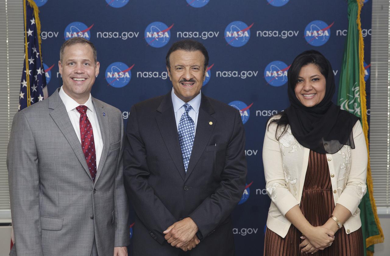 ‘NASA Administrator Jim Bridenstein, left, His Royal Highness Prince Sultan Salman Al-Saud, Chairman of the Board of Directors of the Saudi Space Commission, center, and Her Royal Highness Princess Reema Bandar Al Saud, Saudi Arabia’s Ambassador to the US, right, pose for a photograph during a courtesy visit, Monday, Aug. 12, 2019 at NASA Headquarters in Washington. Photo Credit: (NASA/Joel Kowsky)