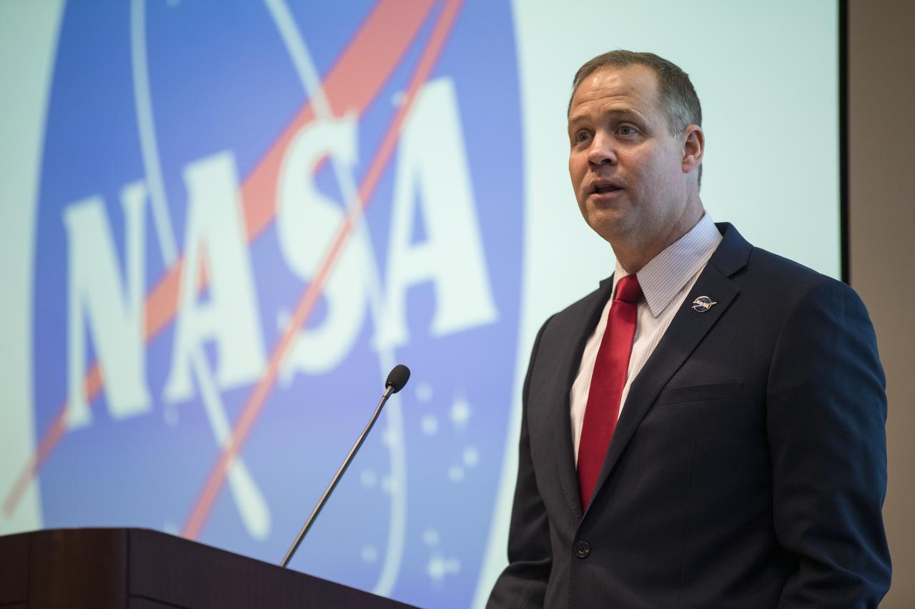 NASA Administrator Jim Bridenstine gives keynote remarks at the Challenger Center Annual Conference, Wednesday, August 14, 2019 at the Lockheed Martin Global Vision Center in Arlington, VA. Photo Credit: (NASA/Aubrey Gemignani)
