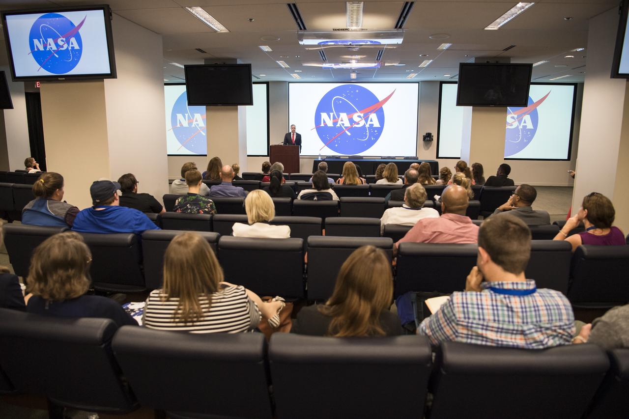 NASA Administrator Jim Bridenstine gives keynote remarks at the Challenger Center Annual Conference, Wednesday, August 14, 2019 at the Lockheed Martin Global Vision Center in Arlington, VA. Photo Credit: (NASA/Aubrey Gemignani)