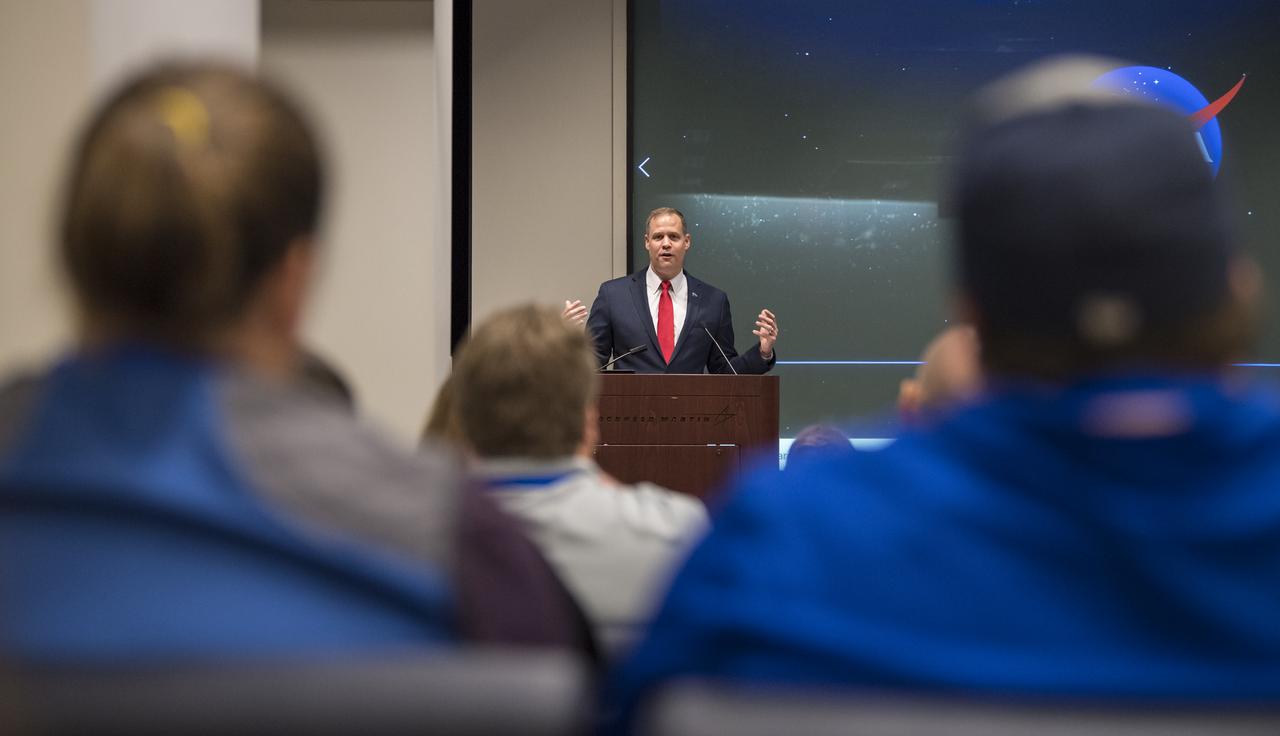 NASA Administrator Jim Bridenstine gives keynote remarks at the Challenger Center Annual Conference, Wednesday, August 14, 2019 at the Lockheed Martin Global Vision Center in Arlington, VA. Photo Credit: (NASA/Aubrey Gemignani)